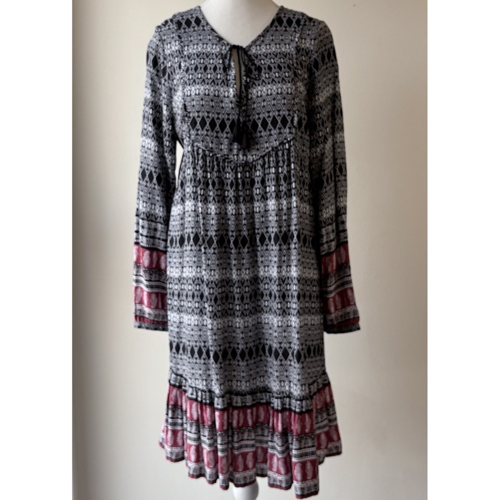 Time & Tru Ruffle Hem Modest Dress Medium Red White Black Peasant Bohemian